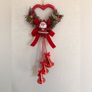 Vtg Heart Ornament with Santa and Bells